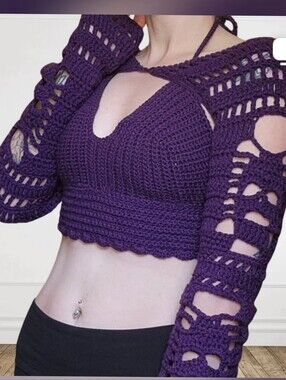 Hand-Crocheted Purple Skull Cutout Long-Sleeves & Bralette